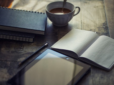 notebook coffee pen desk